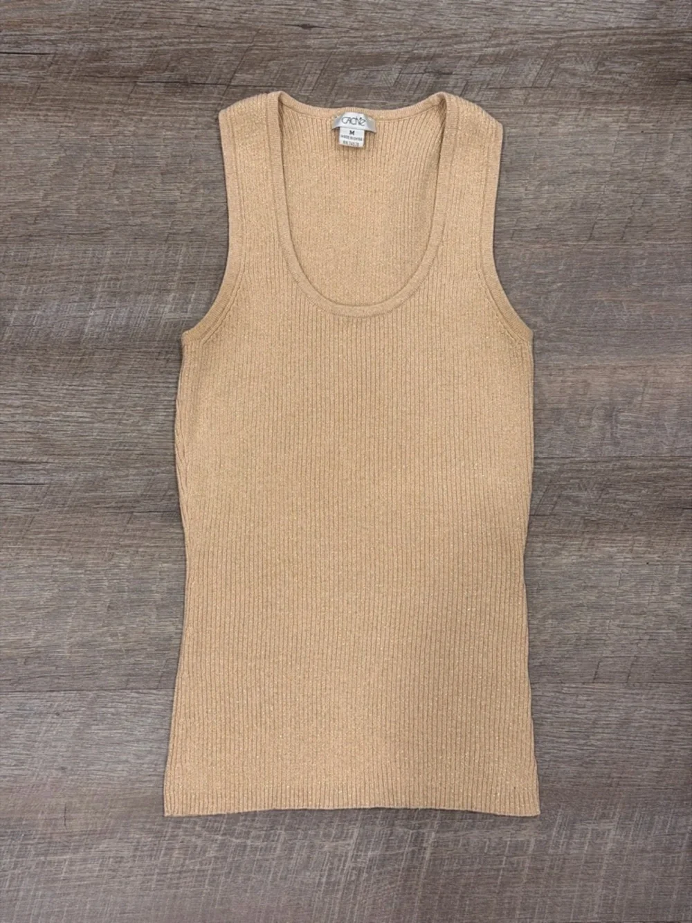 Vintage Y2K Cache Beige Gold Metallic Shimmer Knit Tank Size M Bodycon Glam